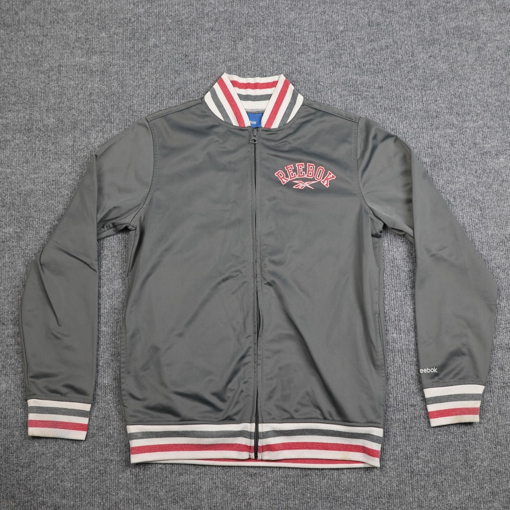 Reebok Jacket Youth Large Gray Track Full Zip Striped Collar Cuffs Ribbed Logo‎